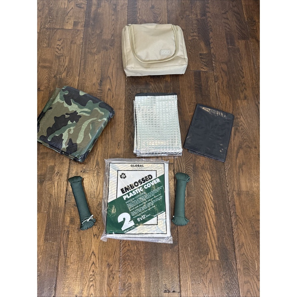 SOG Camping Survival Bundle – Camo, Black, Reflective & Thin Tarps + Paracord